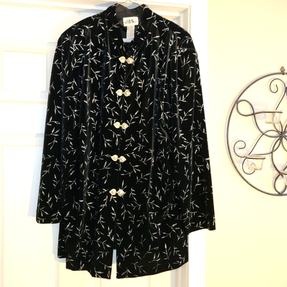 Black velour long jacket w/silver glitter branches